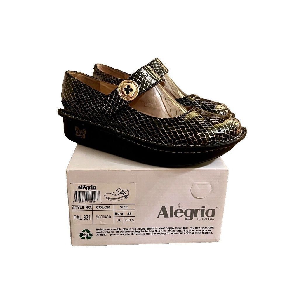 EEUC Alegria Paloma 331 Black Gold Wire Print Mary Janes Shoes Sz 38 or 8 - 8.5